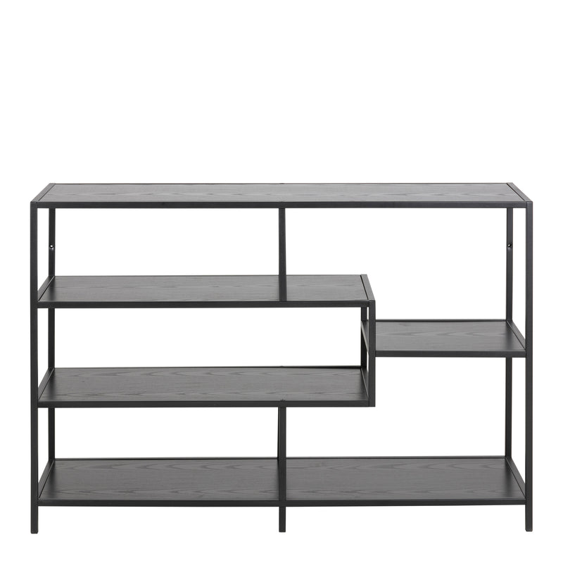 Seaford Wide Black Metal Bookcase with 4 Black Oak Shelves — side angle