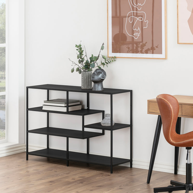 Seaford Wide Black Metal Bookcase with 4 Black Oak Shelves — alternative angle