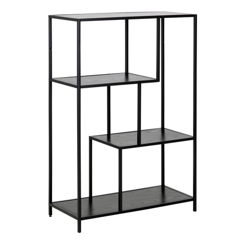 Seaford Black Metal Asymmetrical Bookcase with 3 Black Shelves — front view