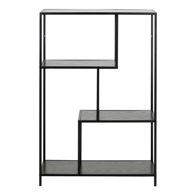 Seaford Black Metal Asymmetrical Bookcase with 3 Black Shelves — side angle