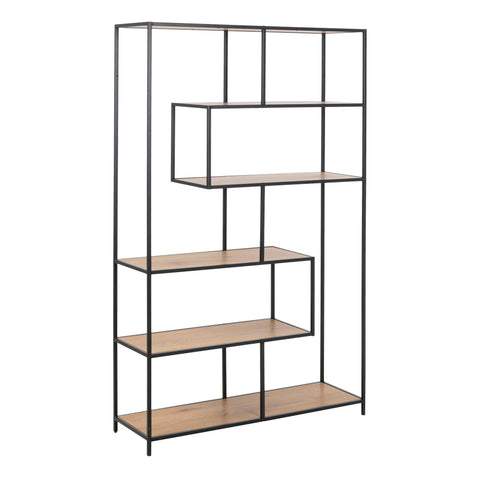 Seaford Black Metal Large Asymmetrical Bookcase with 5 Oak Shelves — front view