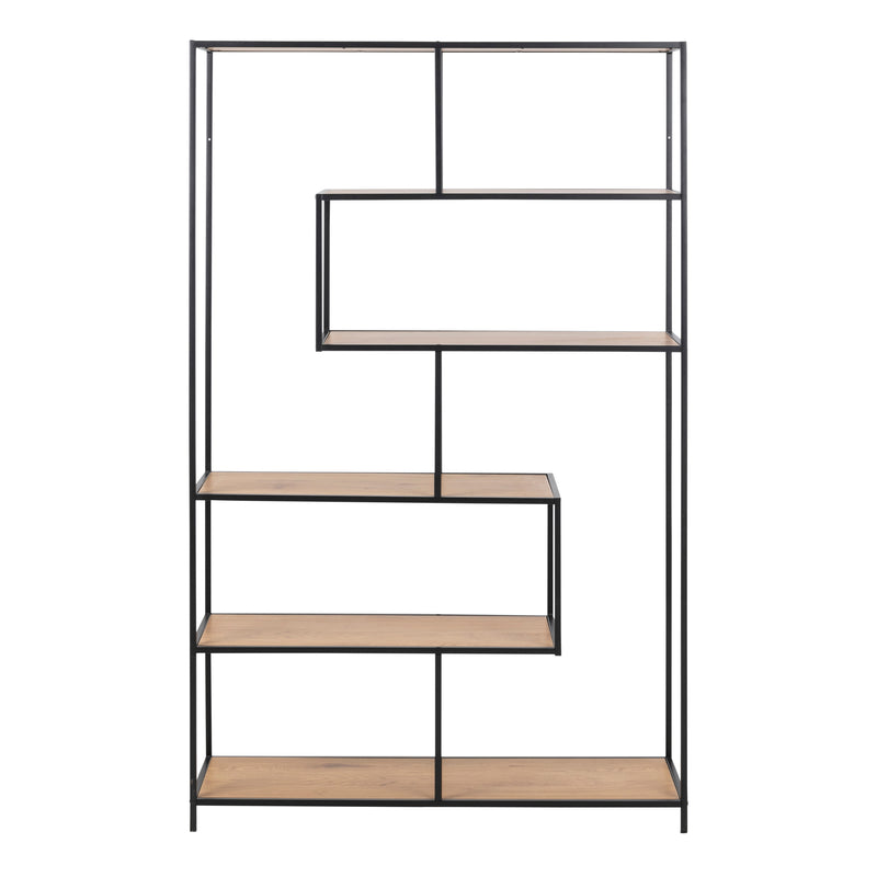 Seaford Black Metal Large Asymmetrical Bookcase with 5 Oak Shelves — side angle