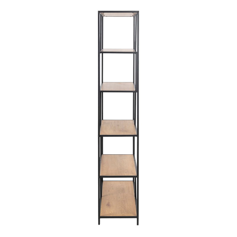 Seaford Black Metal Large Asymmetrical Bookcase with 5 Oak Shelves — detail view