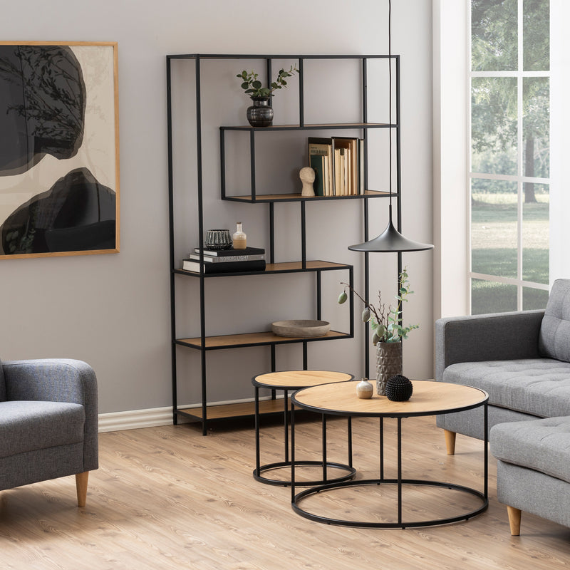 Seaford Black Metal Large Asymmetrical Bookcase with 5 Oak Shelves — alternative angle