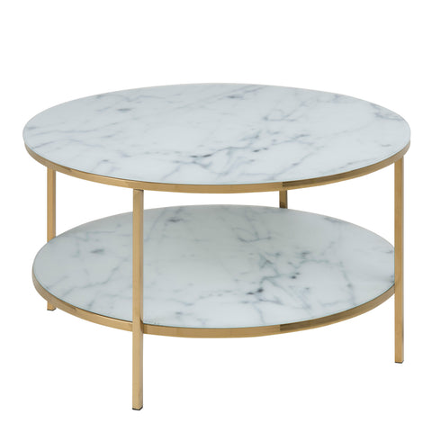 Alisma Round Coffee Table with White Crystal Clear Marble Glass Top & Gold Legs — front view