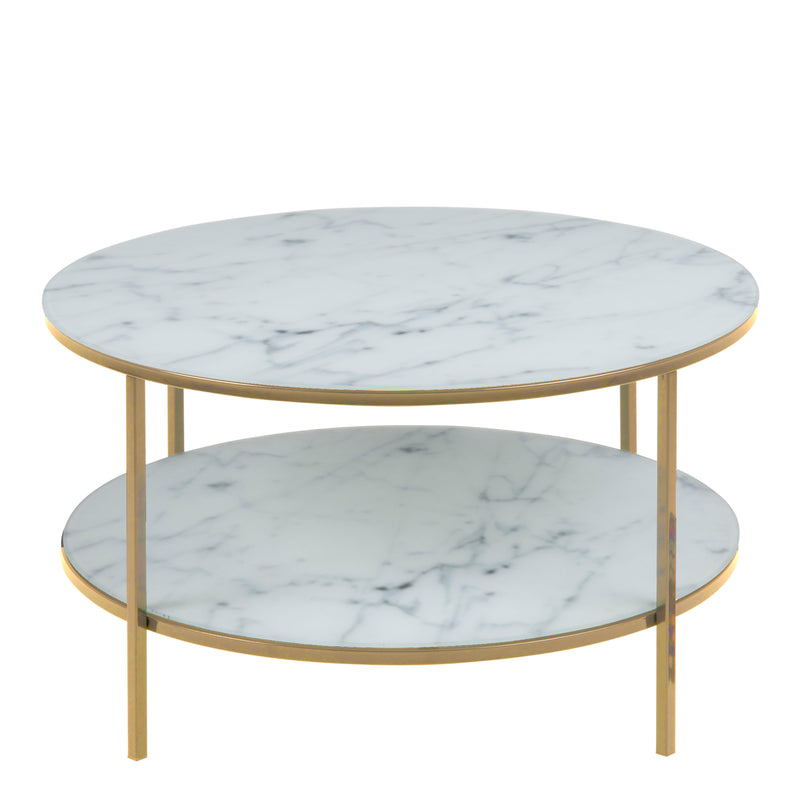 Alisma Round Coffee Table with White Crystal Clear Marble Glass Top & Gold Legs — side angle
