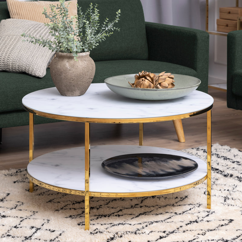 Alisma Round Coffee Table with White Crystal Clear Marble Glass Top & Gold Legs — alternative angle