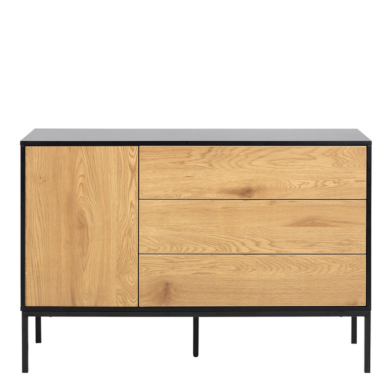 Seaford 1 Door 3 Drawer Small Sideboard in Black & Oak — side angle