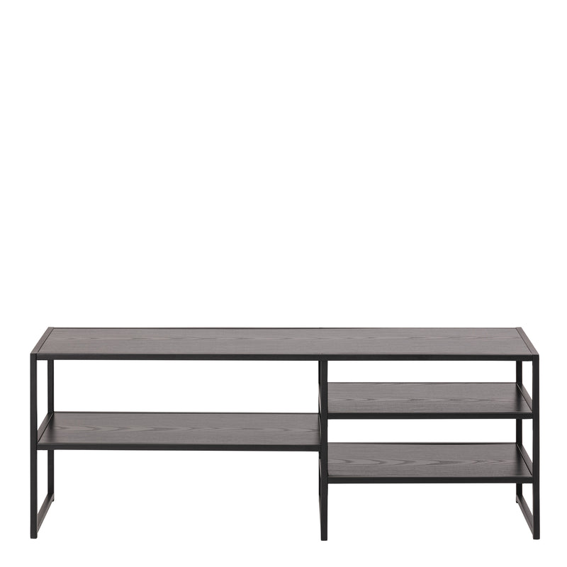 Seaford Black Metal Open TV Unit with 3 Black Shelves — side angle