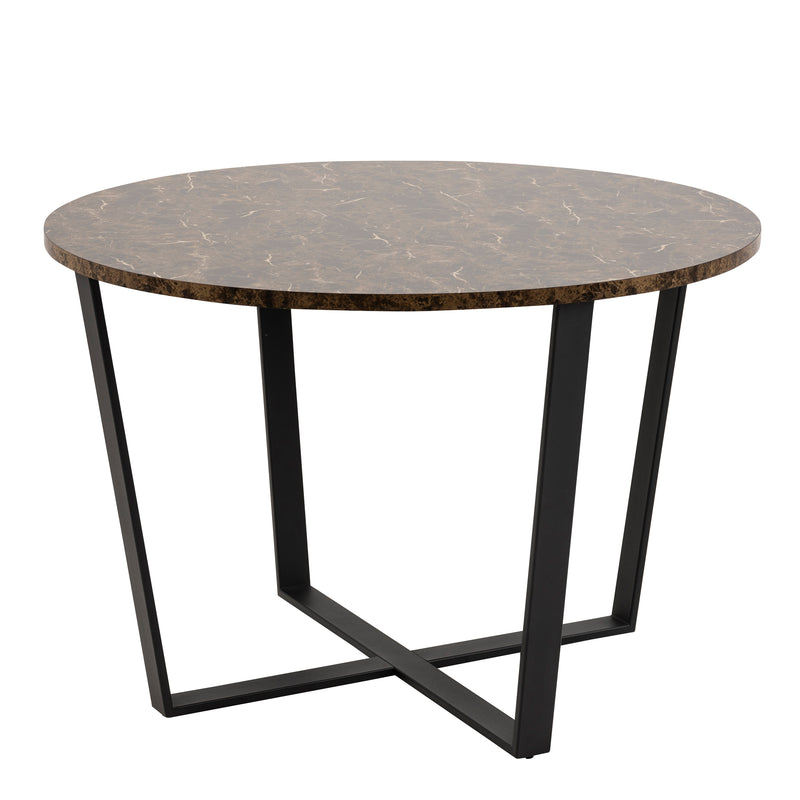 Amble Round Dining Table with Brown Marble Melamine Top & Black Legs — front view
