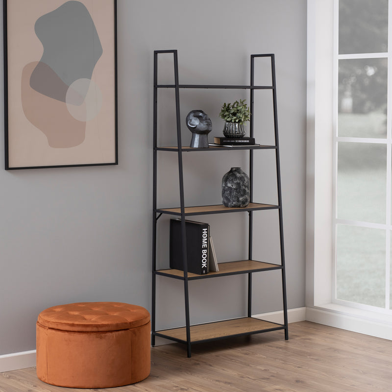 Seaford Black Metal Ladder Bookcase with 5 Oak Shelves — alternative angle
