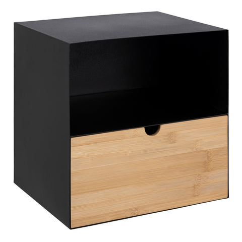 Joliet 1 Drawer Wallmounted Bedside Table in Black & Bamboo — front view
