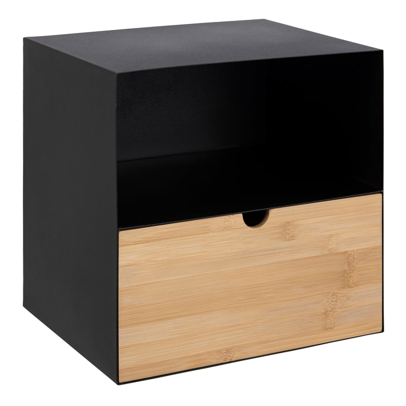 Joliet 1 Drawer Wallmounted Bedside Table in Black & Bamboo — front view