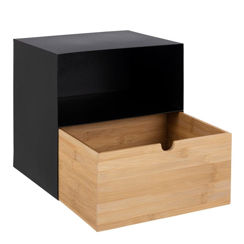 Joliet 1 Drawer Wallmounted Bedside Table in Black & Bamboo — detail view