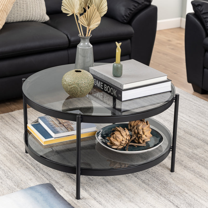 Bayonne Round Coffee Table in Black with Smoked Glass Top — alternative angle