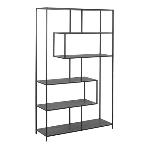 Seaford Black Metal Large Asymmetrical Bookcase with 5 Black Shelves — front view