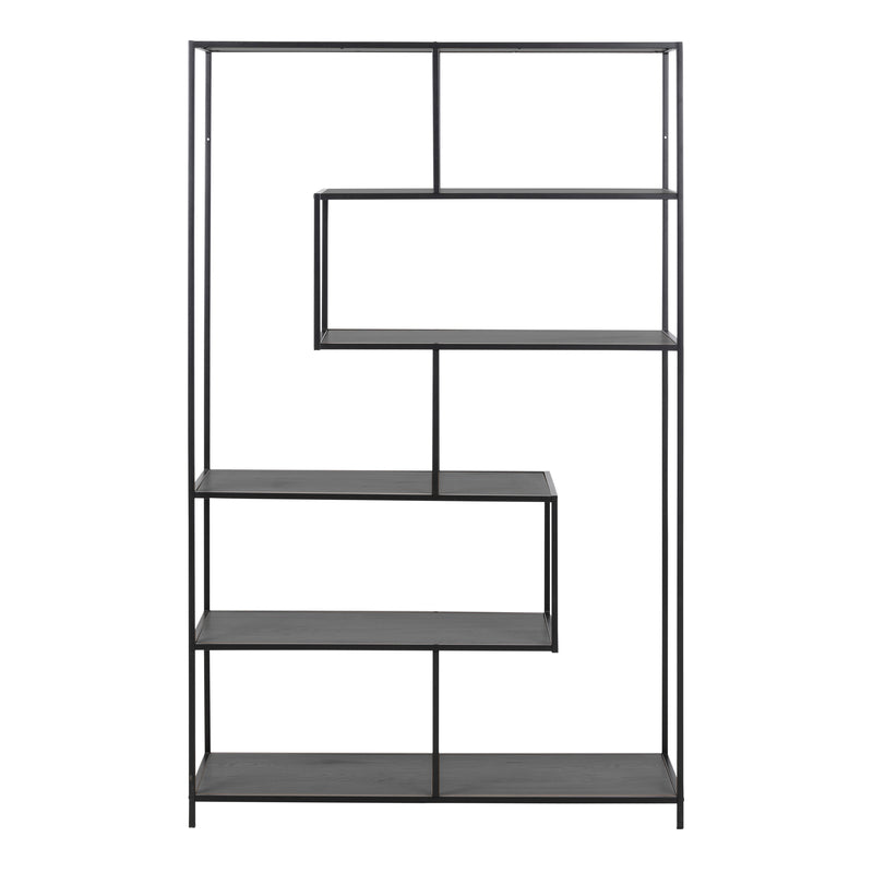 Seaford Black Metal Large Asymmetrical Bookcase with 5 Black Shelves — side angle