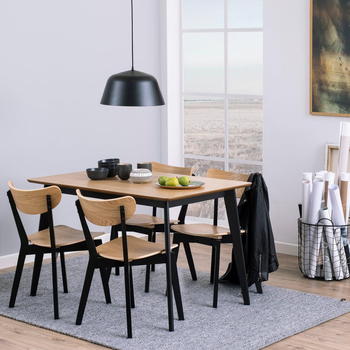 Roxby Dining Table in Oak & Black 120x80cm includes 4 Roxby Dining Chairs in Black and Oak — front view