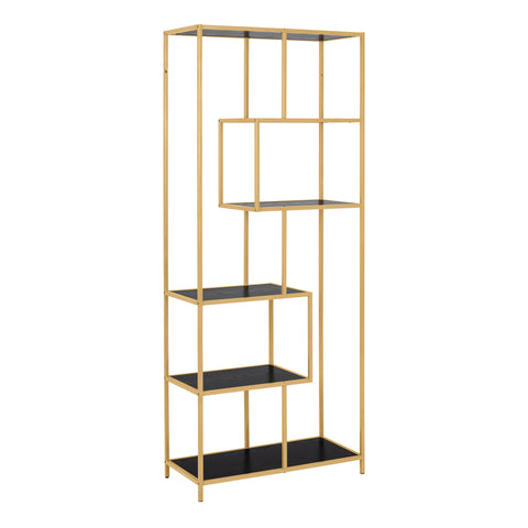 Seaford Tall Gold Metal Bookcase with 5 Black Shelves — front view