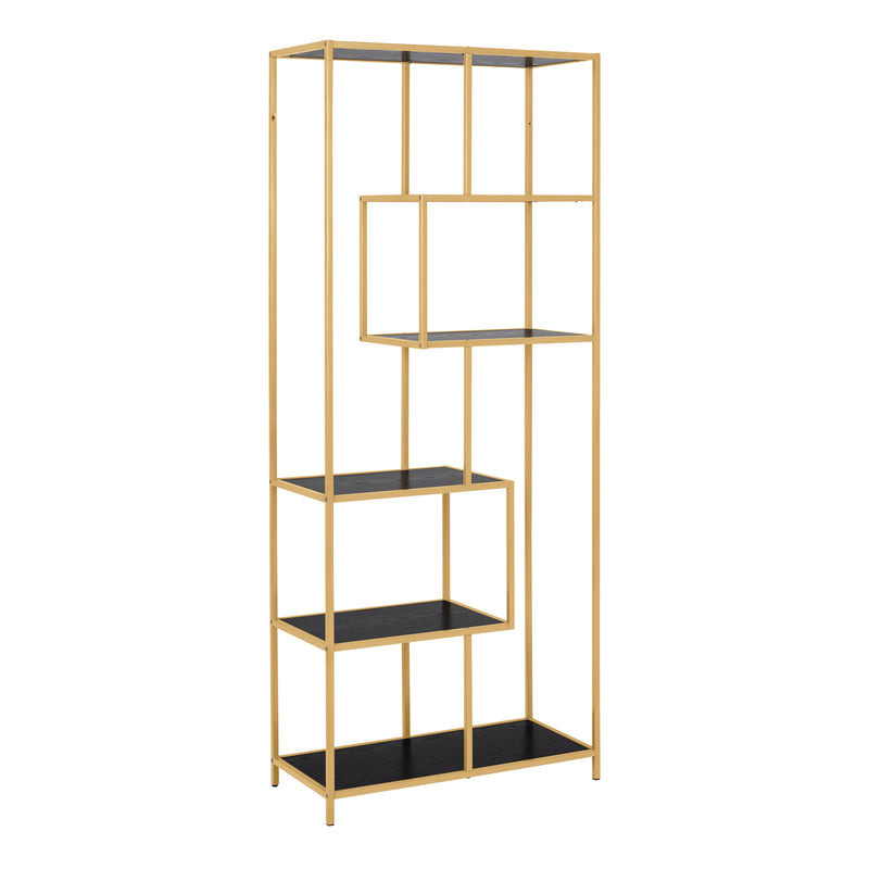 Seaford Tall Gold Metal Bookcase with 5 Black Shelves — front view