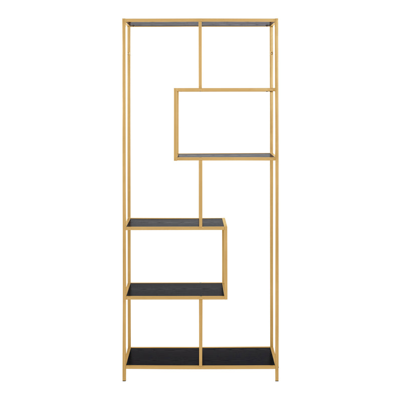 Seaford Tall Gold Metal Bookcase with 5 Black Shelves — side angle
