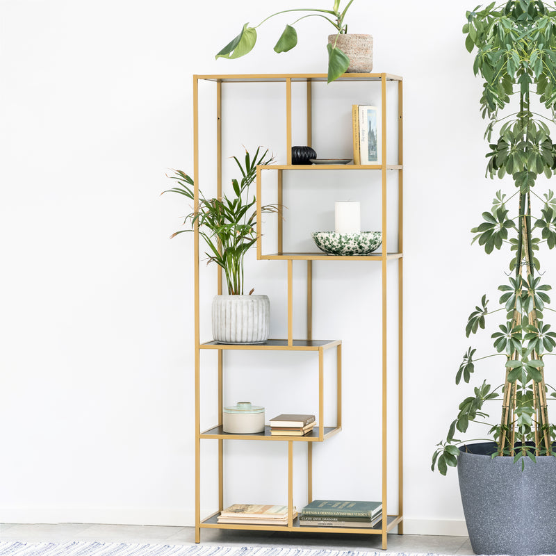 Seaford Tall Gold Metal Bookcase with 5 Black Shelves — alternative angle