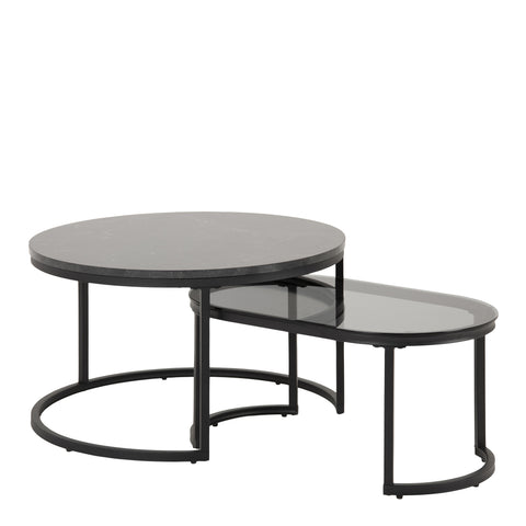 Spiro Round/Oval Coffee Table Set with Black Marble/Smoked Melamine Glass Top — front view