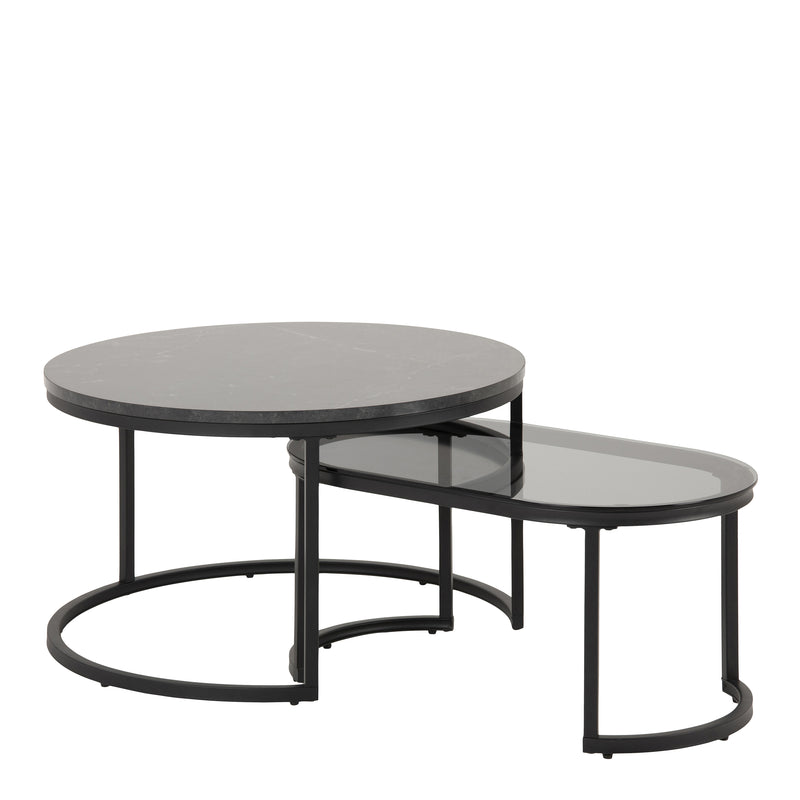 Spiro Round/Oval Coffee Table Set with Black Marble/Smoked Melamine Glass Top — front view
