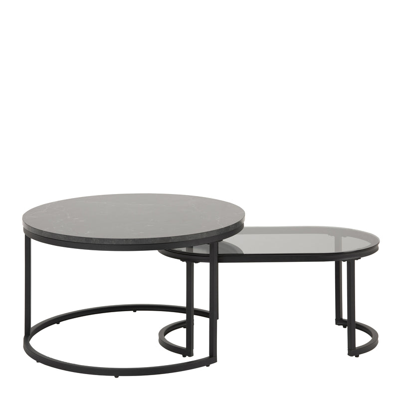 Spiro Round/Oval Coffee Table Set with Black Marble/Smoked Melamine Glass Top — side angle