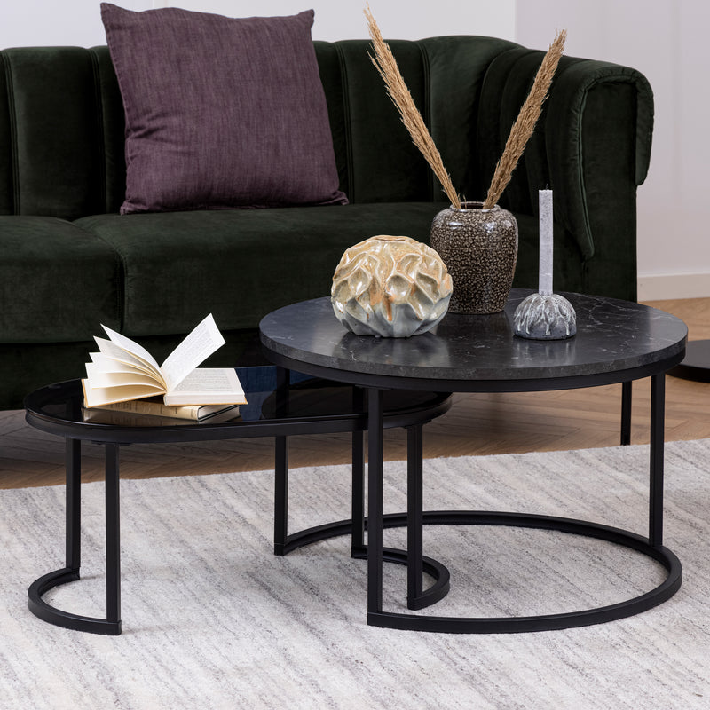 Spiro Round/Oval Coffee Table Set with Black Marble/Smoked Melamine Glass Top — detail view