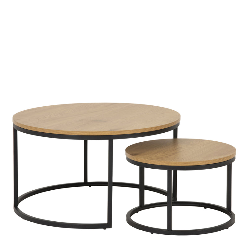 Spiro Round Coffee Table Set with Oak Top & Black Legs — front view