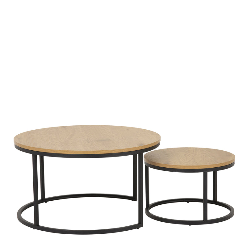 Spiro Round Coffee Table Set with Oak Top & Black Legs — side angle
