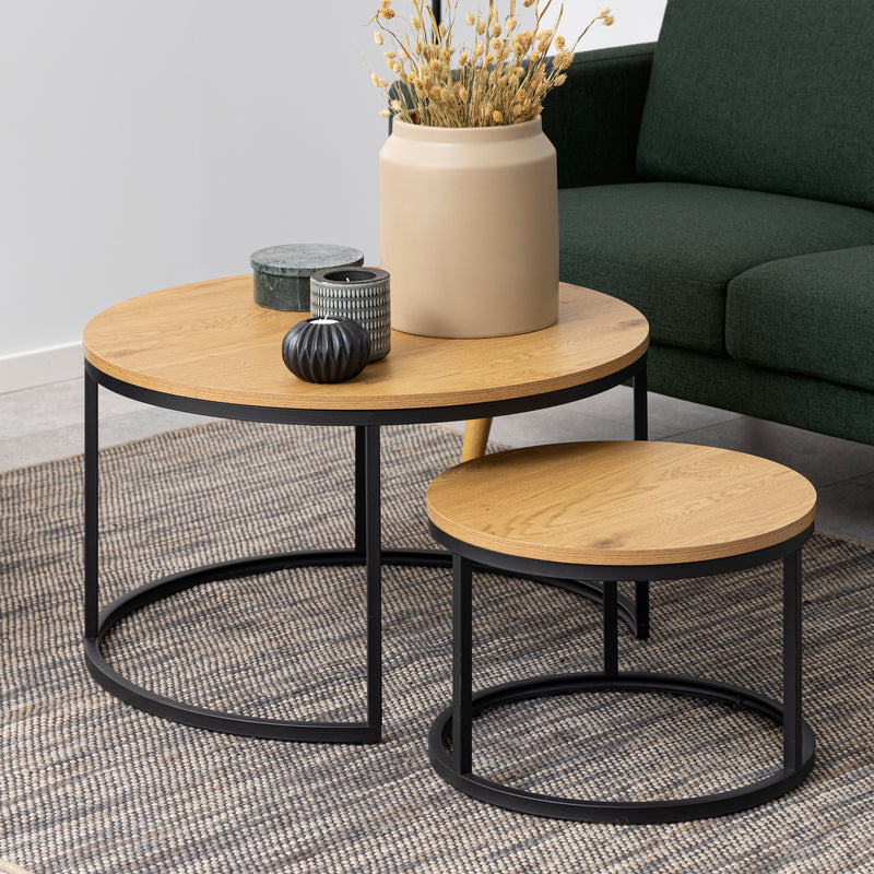 Spiro Round Coffee Table Set with Oak Top & Black Legs — detail view