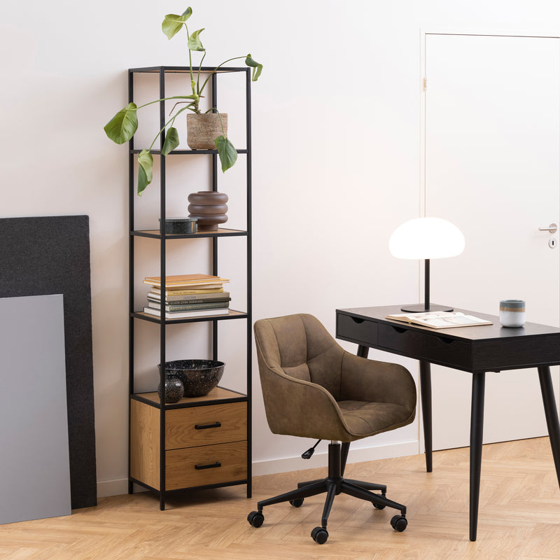 Seaford Bookcase with 2 Drawers and 3 Shelves in Black & Oak — alternative angle