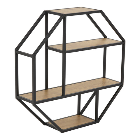 Seaford Octagonal Metal Wall Shelf in Black & Oak — front view