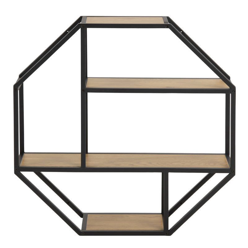 Seaford Octagonal Metal Wall Shelf in Black & Oak — side angle