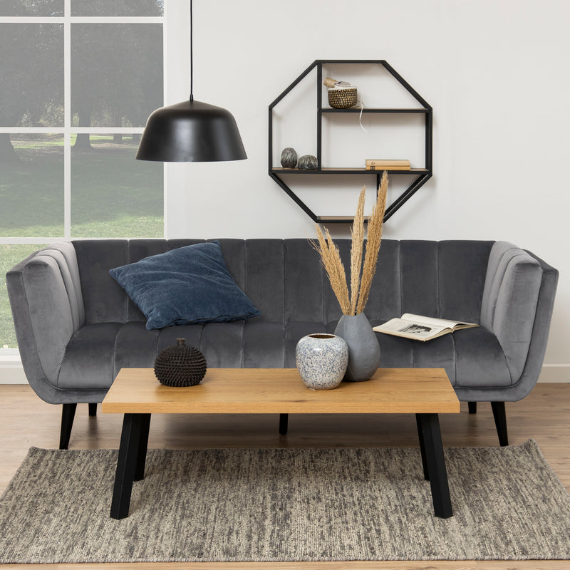 Seaford Octagonal Metal Wall Shelf in Black & Oak — detail view