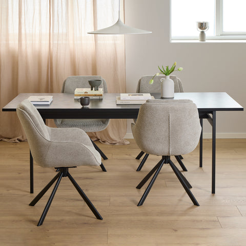 Angus Dining Table in Black 200x90cm includes 4 Carrie Swivel Dining Chairs in Sand — front view