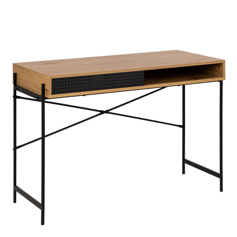 Angus Office Desk with Sliding Door in Oak & Black — front view