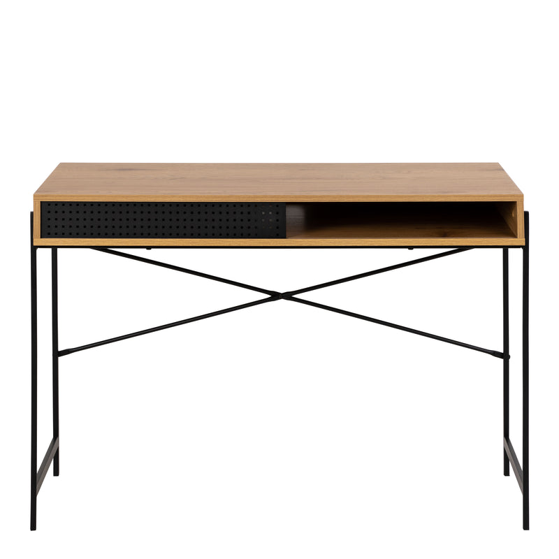 Angus Office Desk with Sliding Door in Oak & Black — side angle