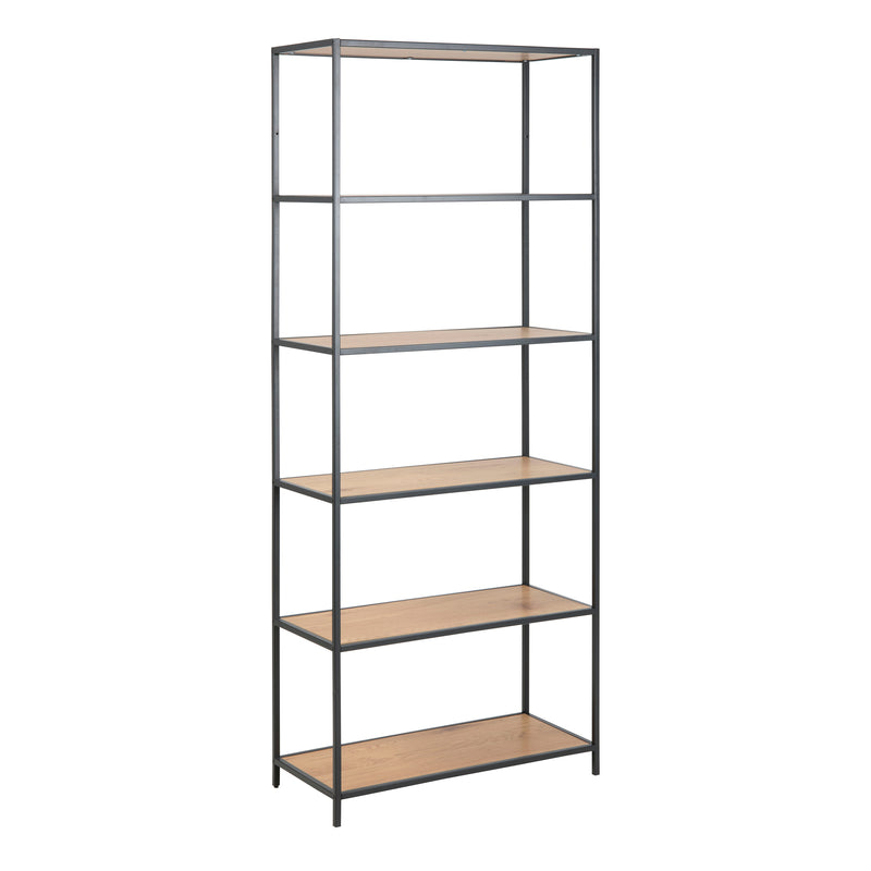 Seaford Tall Black Metal Bookcase with 5 Shelves in Oak — front view