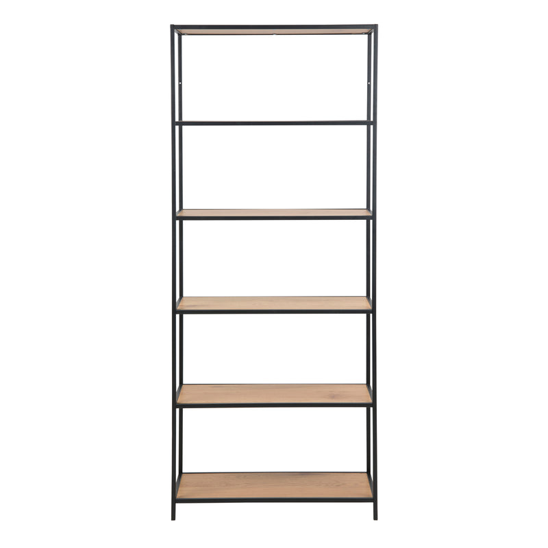 Seaford Tall Black Metal Bookcase with 5 Shelves in Oak — side angle