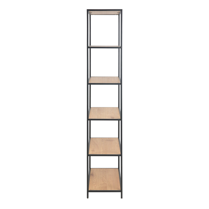 Seaford Tall Black Metal Bookcase with 5 Shelves in Oak — detail view