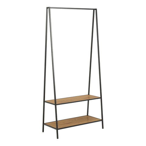 Seaford Black Metal Clothes Rack with 2 Oak Shelves — front view