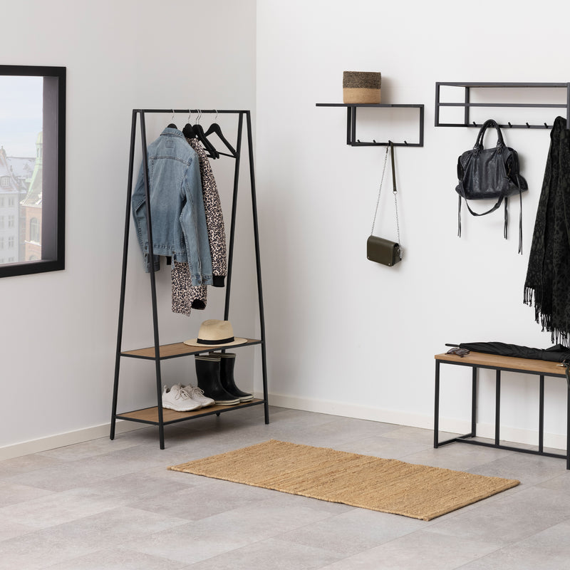 Seaford Black Metal Clothes Rack with 2 Oak Shelves — alternative angle