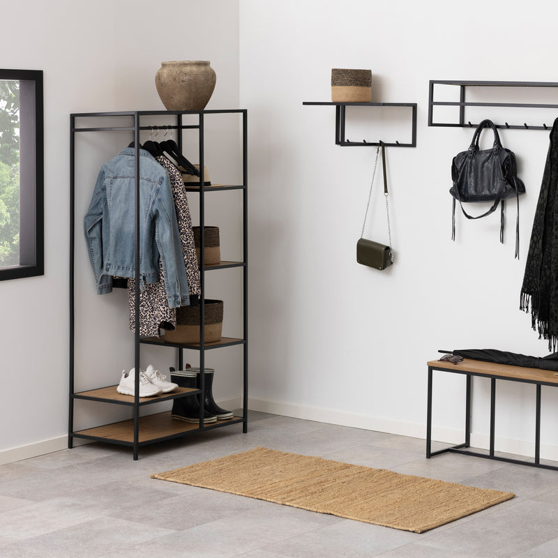 Seaford Black Metal Clothes Rack with 5 Oak Shelves — alternative angle