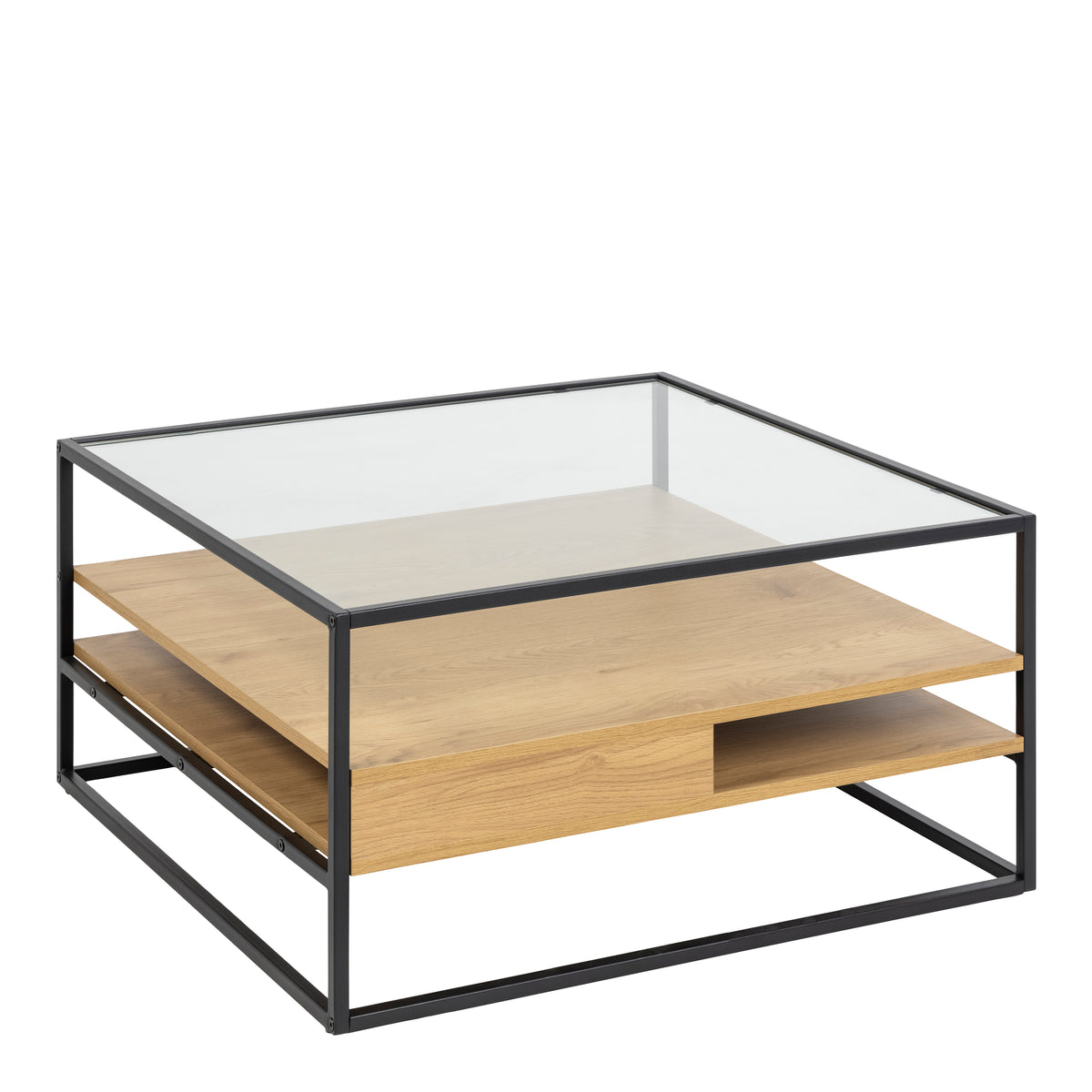 Randolf Square Coffee Table with 2 Shelves in Black and Oak — front view
