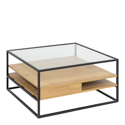 Randolf Square Coffee Table with 2 Shelves in Black and Oak — front view