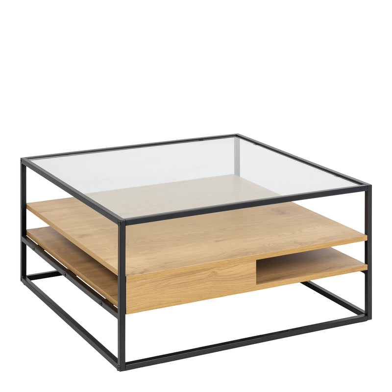 Randolf Square Coffee Table with 2 Shelves in Black and Oak — front view