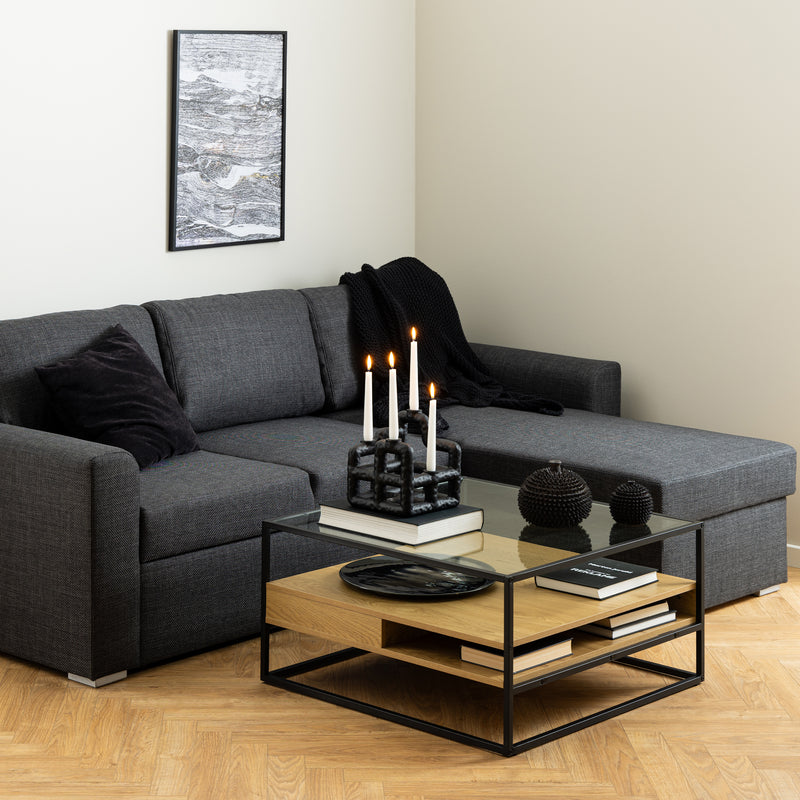 Randolf Square Coffee Table with 2 Shelves in Black and Oak — detail view